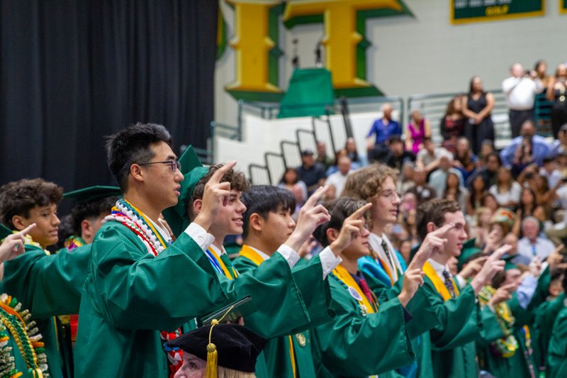 Graduates celebrate during Damien High School in La Verne's commencement ceremony on May 23. (Damien High School)