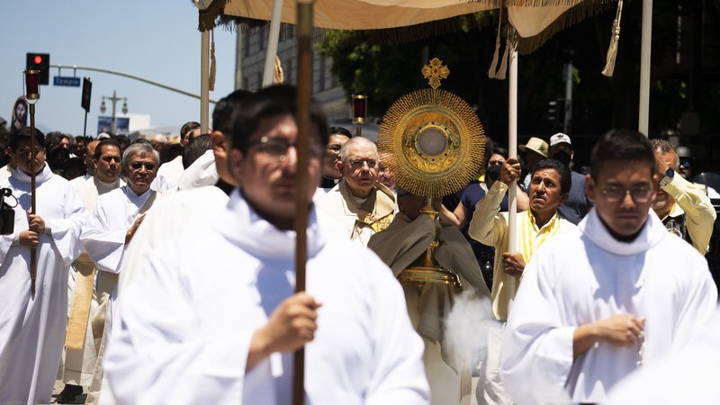 Archbishop José H. Gomez processes through downtown LA with the Blessed Sacrament on the Feast of Corpus Christi, June 19, 2022, to kick off the National Eucharistic Revival in Los Angeles. (Victor Alemán)
