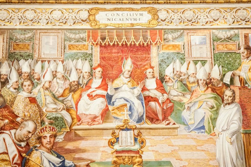 A wall fresco depicting the First Council of Nicaea in the Sistine hall of the Vatican Library.(CNS/Carol Glatz)