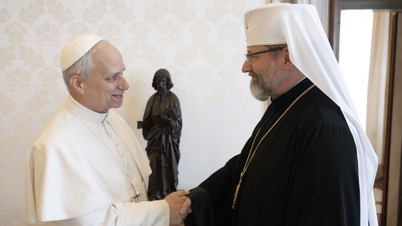 Pope Leo XIV greets Major Archbishop Sviatoslav Shevchuk of Kyiv-Halych, head of the Ukrainian Greek Catholic Church, in the library of the Apostolic Palace at the Vatican May 15, 2025. (CNS photo/Vatican Media)