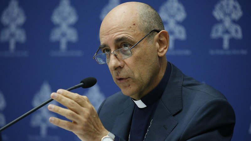 Cardinal Víctor Manuel Fernández, prefect of the Dicastery for the Doctrine of the Faith, speaks to reporters at the Vatican Sept. 19, 2024. The cardinal confirmed July 3, 2025, the Vatican has officially named a panel of judges for the canonical trial of Father Marko Rupnik, the disgraced Slovenian priest and artist accused of abusing more than two dozen women. (CNS photo/Justin McLellan)