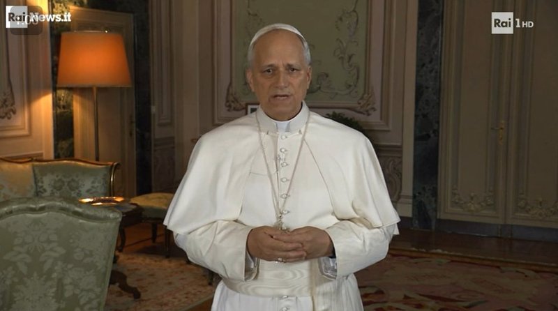 Pope Leo XIV is seen in a video message aired by RAI Uno July 15, 2025. The message, recorded from the papal summer villa in Castel Gandolfo, was played before the start of an annual charity soccer match, which was raising money this year for a project helping families of patients receiving long-term care at the Vatican-owned Bambino Gesù Pediatric Hospital in Rome. (CNS photo/screengrab from RAI Uno/RAI News video)