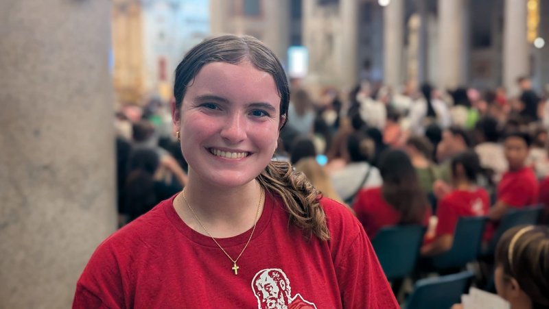 Grace Gagnon, 17, from the San Francisco Bay Area, California, poses for a photo at the Basilica of St. Paul Outside the Walls in Rome July 30, 2025, during the USA National Jubilee Pilgrim Gathering. (CNS photo/Junno Arocho Esteves)