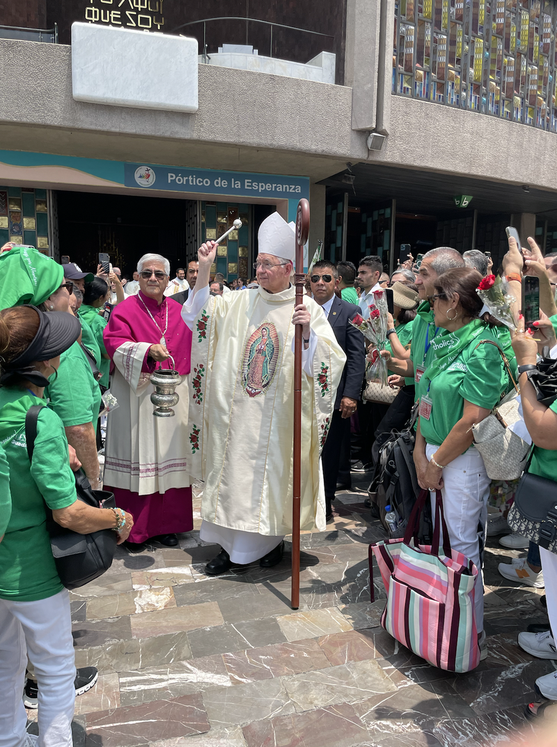 Archbishop José H. Gomez blesses pilgrims outside the Basilica of Our Lady of Guadalupe in Mexico City during LA Catholics’ annual pilgrimage to Mexico on July 4. (Adrian Marquez Alarcon)