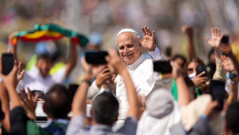 Pope Leo XIV waves to the crowd from the popemobile as he departs after celebrating a Mass concluding the Jubilee of Youth in Rome’s Tor Vergata neighborhood Aug. 3, 2025. (CNS/Lola Gomez)
