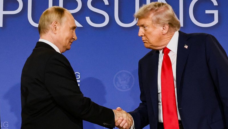 U.S. President Donald Trump and Russian President Vladimir Putin shake hands during a press conference following their meeting to negotiate an end to the war in Ukraine, at Joint Base Elmendorf-Richardson, in Anchorage, Alaska, Aug. 15, 2025. (OSV News photo/Kevin Lamarque, Reuters)