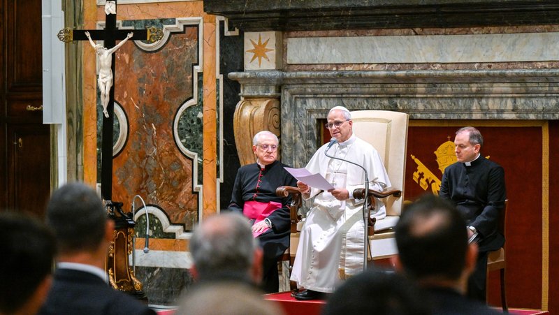Pope Leo XIV speaks to members of the International Catholic Legislators Network Jubilee pilgrimage in the Clementine Hall of the Vatican Apostolic Palace Aug. 23, 2025. (CNS photo/Vatican Media)