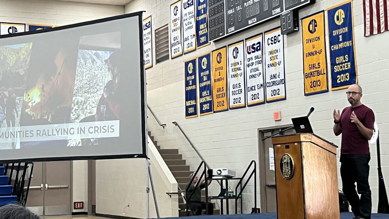 Pete Mauro, who turned to technology to help create AltadenaRising.org when the Eaton Fire broke out, was the keynote speaker at the 2025 C3 Conference at Bishop Amat High School. (Mike Cisneros)