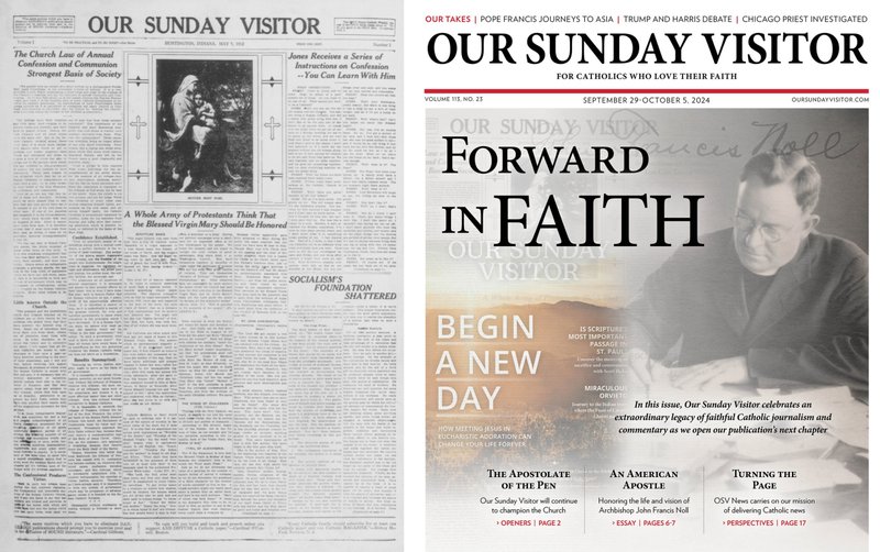 This is the cover of the first edition of Our Sunday Visitor newspaper in 1912 and the final edition in 2024. Longtime Catholic publisher Our Sunday Visitor, the parent company of OSV News, announced Aug. 14, 2025, it will sunset almost all of its periodical operations by December, while retaining OSV News, as "part of a strategic shift in response to changing readership patterns and the rapidly evolving media landscape." (OSV News/OSV)