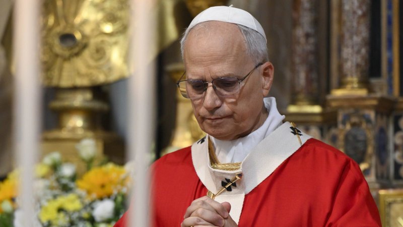 Pope Leo XIV prays as he presides over a Mass opening the general chapter of the Augustinian order Sept. 1, 2025, in the Basilica of St. Augustine in Rome. (CNS photo/Vatican Media)