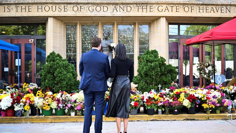 U.S. Vice President JD Vance and second lady Usha Vance arrive to pay their respects at Annunciation Catholic Church in Minneapolis Sept. 3, 2025, which was the scene of a shooting. The shooter opened fire with a rifle through the windows of the church Aug. 27 and struck children from the parish school who were attending Mass during the first week of school, killing two and wounding 21 others. (OSV News photo/Alex Wroblewski, pool via Reuters)