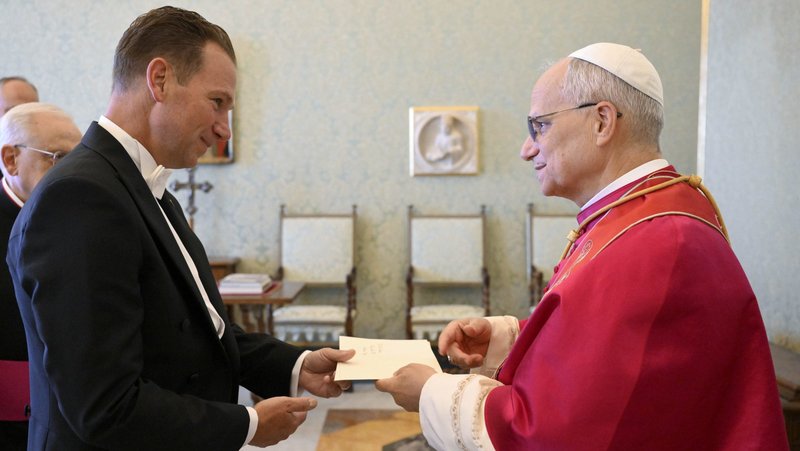 Pope Leo XIV receives the letters of credential of Brian F. Burch as U.S. ambassador to the Holy See during an audience Sept. 13, 2025, in the Apostolic Palace at the Vatican. (CNS photo/Vatican Media)