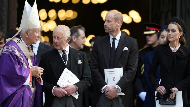 British Cardinal Vincent Nichols of Westminster speaks to Britain's King Charles III, William, the Prince of Wales, and Kate, the Princess of Wales, following the funeral Mass for the Duchess of Kent at Westminster Cathedral in London Sept. 16, 2025. This is the first Catholic funeral held for a member of the royal family in modern British history. Katharine, who died Sept. 5 at age 92, was the wife of the late queen's cousin the Duke of Kent and became a Catholic in 1994. (OSV News photo/Jordan Pettitt, Pool via Reuters)