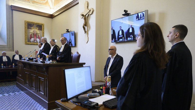 In the Vatican's new courtroom on the ground floor of the Apostolic Palace Sept. 22, 2025, judges, lawyers and others attend the first session of the Vatican City State Court of Appeals consideration of the appeal of Cardinal Angelo Becciu and eight other defendants convicted in late 2023 of crimes related to the Vatican's huge financial loss on an investment property in London. (CNS photo/Vatican Media)