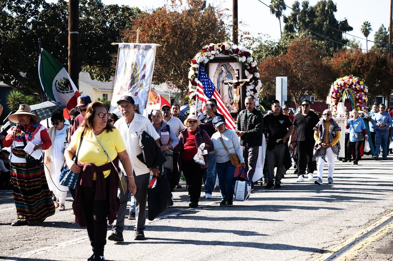 LA Catholics process with the pilgrim image of Our Lady of Guadalupe at the 2024 Mass to celebrate the feast of Our Lady of Guadalupe. (Victor Alemán)