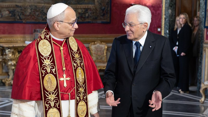 Pope Leo XIV walks with Italian President Sergio Mattarella during an official welcoming ceremony at the Quirinal Palace in Rome Oct. 14, 2025. The event marked the pope’s first state visit since the beginning of his pontificate. (CNS photo/courtesy of the Presidency of the Italian Republic)