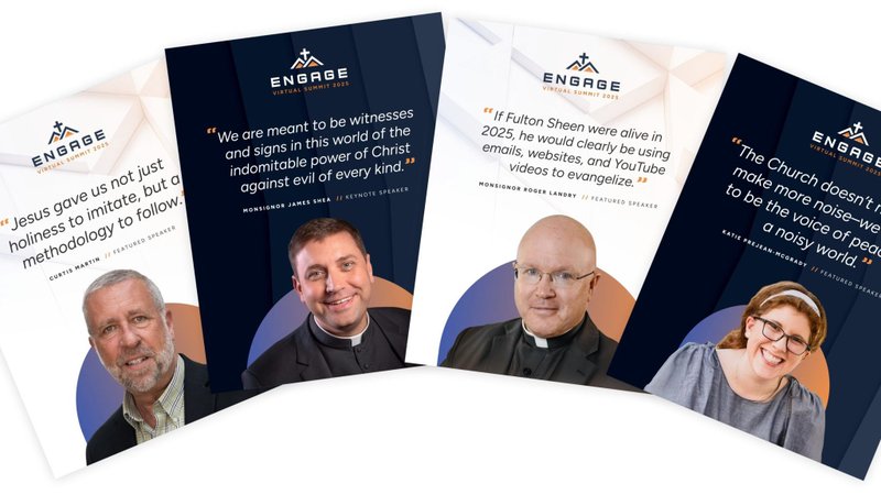 Pictured in a graphic for the Engage Virtual Summit Oct. 21-22, 2025, are Curtis Martin, president and founder of the Fellowship of Catholic University Students, or FOCUS; Msgr. James P. Shea, president of the University of Mary in Bismarck, N.D.; Msgr. Roger Landry, national director of the Pontifical Mission Societies USA; and Katie Prejean McGrady, an international Catholic speaker and author. The summit was eCatholic's first worldwide online conference. (OSV News graphic/eCatholic)