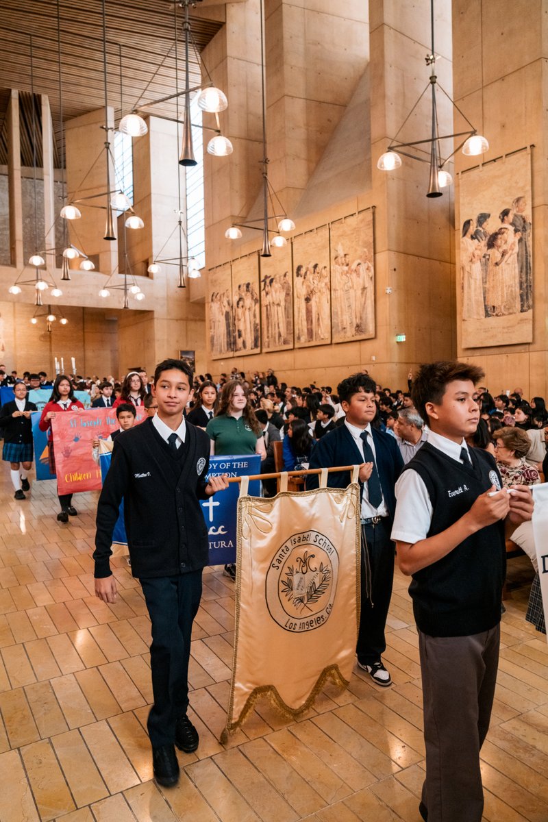 Students from across the Archdiocese of Los Angeles process in to begin the annual Missionary Childhood Association (MCA) Youth Appreciation Mass at the Cathedral of Our Lady of the Angels on Oct. 15. (Isabel Cacho)