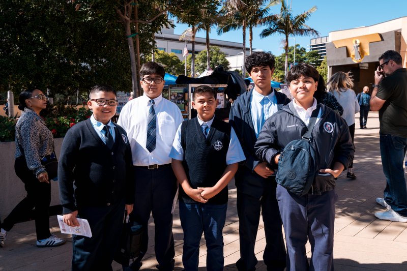 Students from St. Pius X-St. Matthias Academy in Downey pose following the annual Missionary Childhood Association (MCA) Youth Appreciation Mass at the Cathedral of Our Lady of the Angels on Oct. 15. (Isabel Cacho)