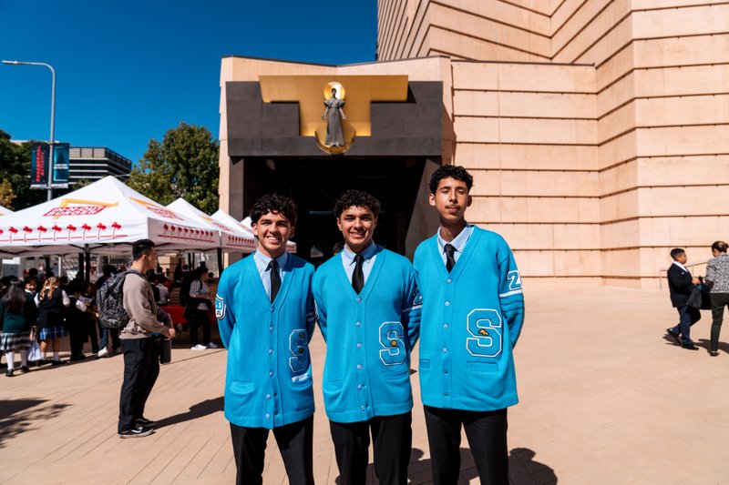 Students from Salesian High School pose following the annual Missionary Childhood Association (MCA) Youth Appreciation Mass at the Cathedral of Our Lady of the Angels on Oct. 15. (Isabel Cacho)
