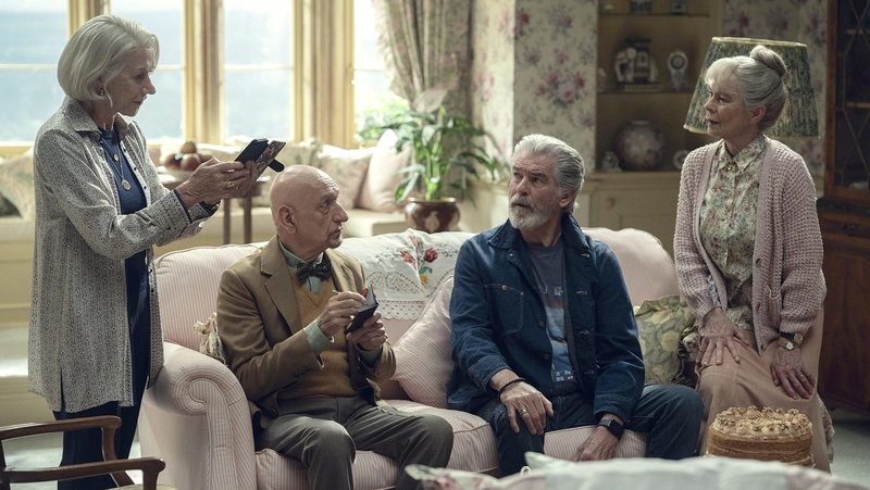 Helen Mirren, Ben Kingsley, Pierce Brosnan, and Celia Imrie in “The Thursday Murder Club.” (Netflix via IMDB)