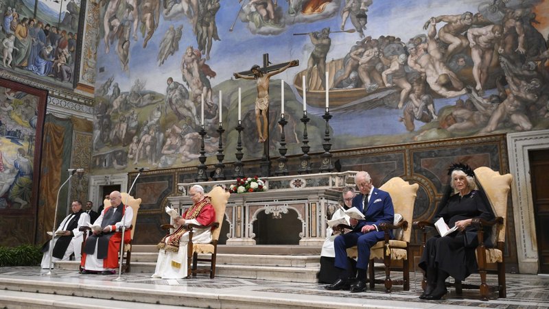 Pope Leo XIV and King Charles III pray together in the Sistine Chapel during a historic meeting at the Vatican, Thursday, Oct. 23, 2025. Credit: Vatican Media