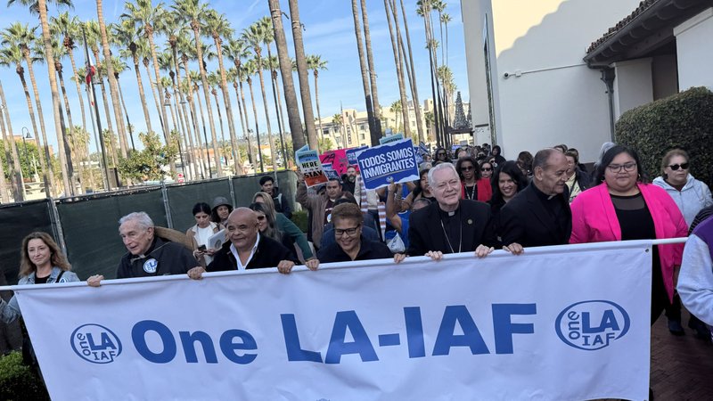 Bishop Matt Elshoff and Father Arturo Corral (3rd and 2nd from right, respectively) march alongside Los Angeles Mayor Karen Bass through downtown LA Nov. 24 before a congressional hearing on the effects of this year’s immigration raids. (Angelus News)
