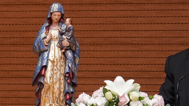 A statue of Our Lady of La Antigua, patroness of Panama, is displayed during the presentation of the doctrinal note “Mater Populi Fidelis” (“Mother of the Faithful People of God”) at the Jesuit headquarters in Rome Nov. 4, 2025. The document, published by the Dicastery for the Doctrine of the Faith, explores Mary’s cooperation in the work of salvation. (CNS photo/Lola Gomez)