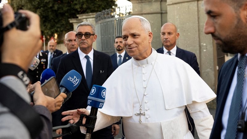 Pope Leo XIV speaks to members of media in Castel Gandolfo, Italy, Oct. 7, 2025, in this file photo. (OSV News photo/Remo Casilli, Reuters)