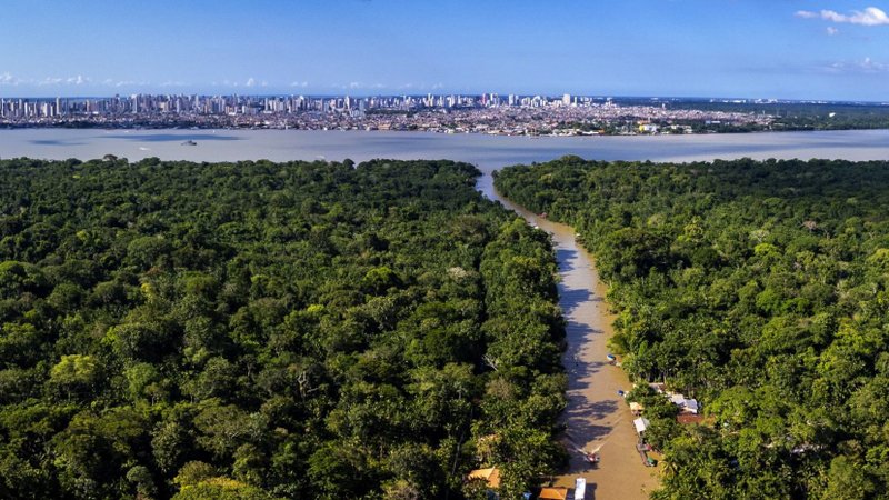 A drone view of the city of Belem, Brazil, is taken from Combu Island Nov. 8, 2025. Belem is hosting the U.N. Climate Conference, COP30. (CNS photo/Alex Ferro, COP30)