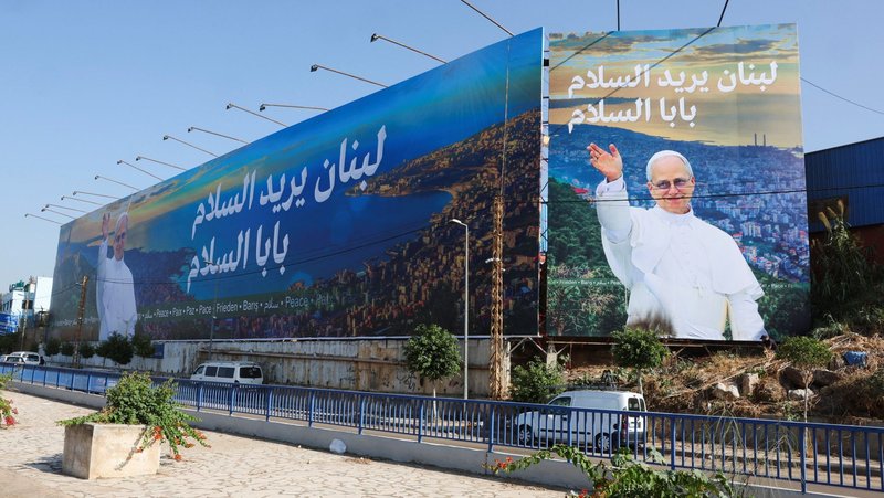 A billboard depicting Pope Leo XIV at the main airport road in Beirut is seen Nov. 21, 2025, ahead of his planned visit to Lebanon. (OSV News photo/Mohamed Azakir, Reuters)