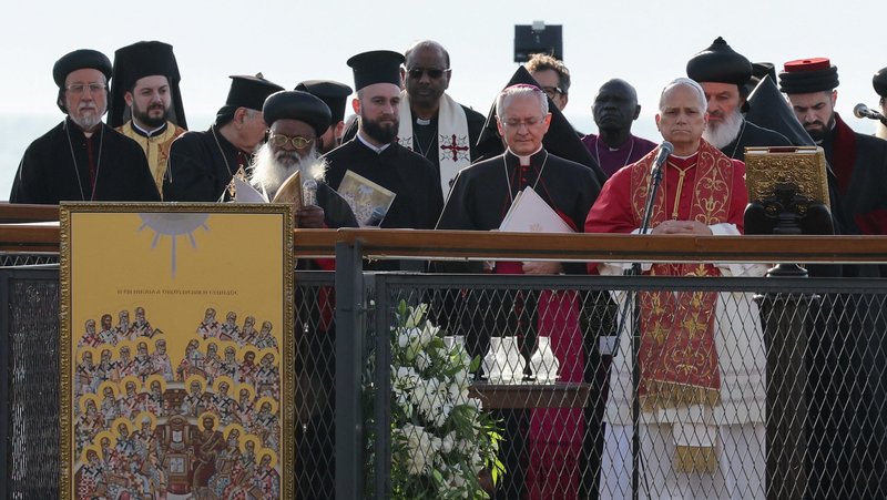 Pope Leo XIV participates in an ecumenical prayer service near the archaeological excavations of the ancient Basilica of Saint Neophytos, during his first apostolic journey, in Iznik, Turkey, Nov. 28, 2025. (OSV News/Umit Bektas, Reuters)