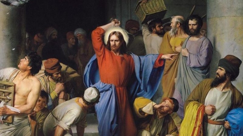 Detail from “Jesus Casting Out the Money Changers at the Temple,” by Carl Bloch, 1834-1890, Danish. (Wikimedia Commons)