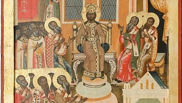 Detail from “First Council of Nicea” (Russian icon), 18th century. (Wikimedia Commons)