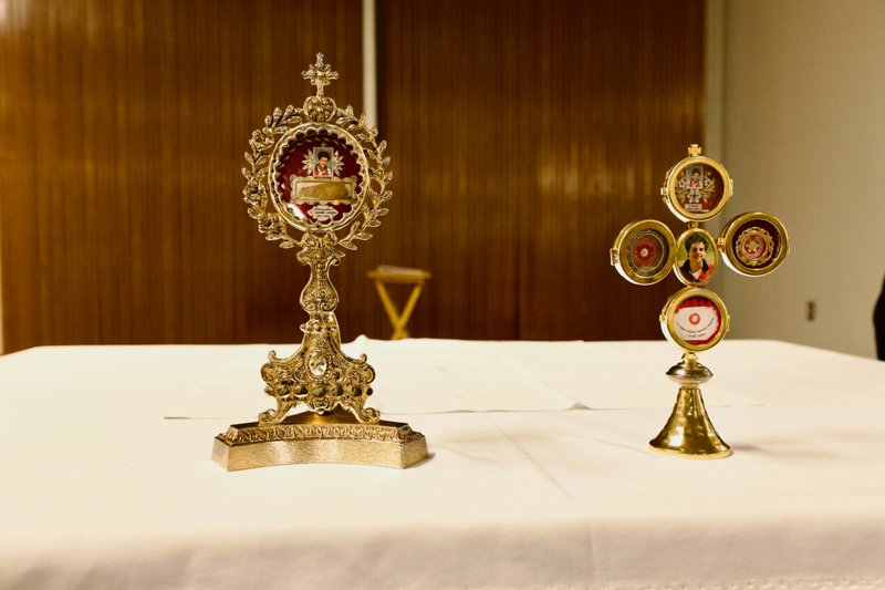 The relics of St. Carlo Acutis are displayed during a tour of the saint's relics to LA Men’s Central Jail on Oct. 20. (Reese Cuevas)