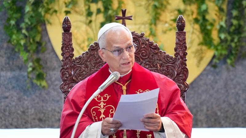 Pope Leo XIV delivers a reflection during a visit to Our Lady of Lebanon Basilica in Harissa, Lebanon, during a meeting with the country's bishops, priests, religious and lay faithful Dec. 1, 2025. (CNS photo/Lola Gomez)