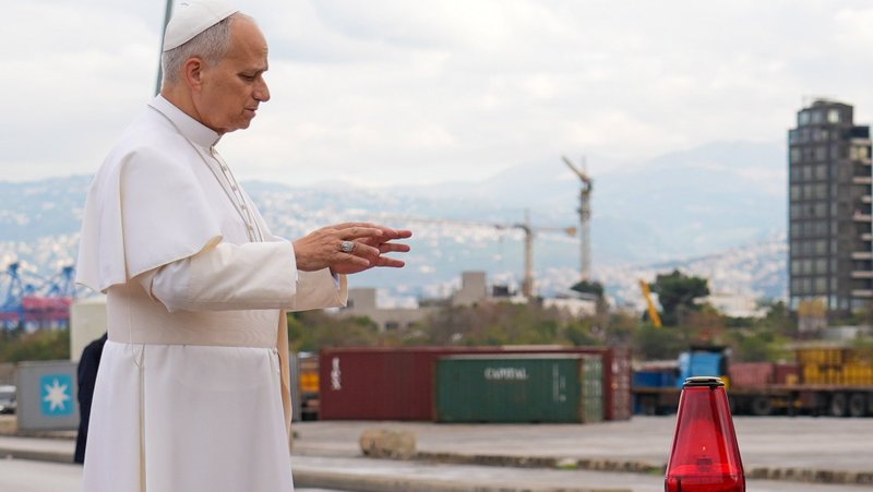 Pope Leo XIV prays at a memorial marking the site of a deadly explosion in 2020 at the port in Beirut Dec. 2, 2025. (CNS/Lola Gomez)