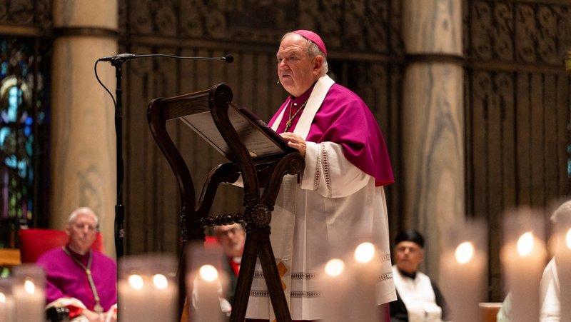 Archbishop Bernard A. Hebda of St. Paul and Minneapolis leads an interfaith prayer service at the Basilica of St. Mary in Minneapolis Aug. 28, 2025, following a shooting the previous day at Annunciation Catholic Church. A shooter opened fire Aug. 27 through the windows of the church adjacent to Annunciation Catholic School and struck children attending an all-school Mass during the first week of school, killing two and wounding 21 others. (OSV News photo/Tim Evans, Reuters)