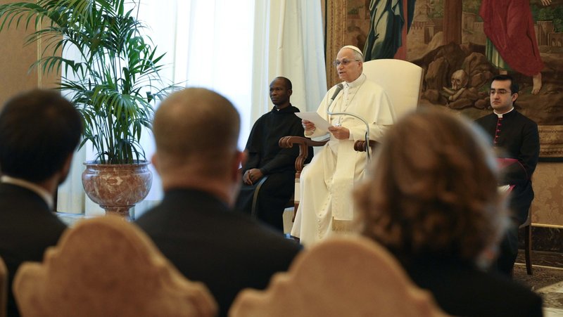 Pope Leo XIV speaks to members of the Conservatives and Reformists Group of the European Parliament in the Apostolic Palace at the Vatican Dec. 10, 2025. (CNS photo/Vatican Media)
