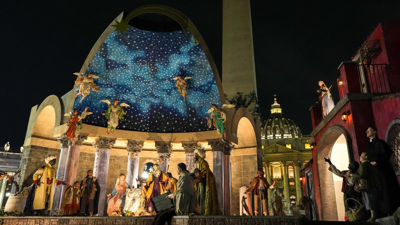 The Nativity scene is unveiled and the Christmas tree is lighted in St. Peter’s Square at the Vatican Dec. 15, 2025. (CNS photo/Lola Gomez)