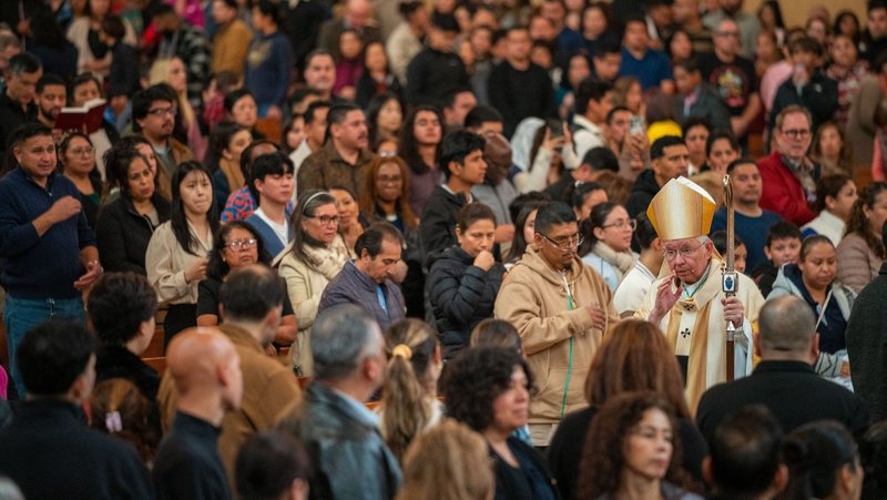 Archbishop José H. Gomez of Los Angeles greets the faithful gathered for Mass Dec. 28, 2025, on the Feast of the Holy Family, which concluded the Jubilee Year 2025 with the Rite of the Closing of the Jubilee at the Cathedral of Our Lady of the Angels in Los Angeles. (OSV News photo/courtesy John Rueda, Archdiocese of Los Angeles)