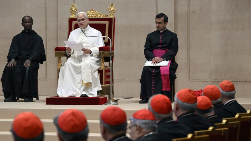Pope Leo XIV addresses officials of the Roman Curia at the Vatican on Dec. 22, 2025. (CNA/Vatican Media)