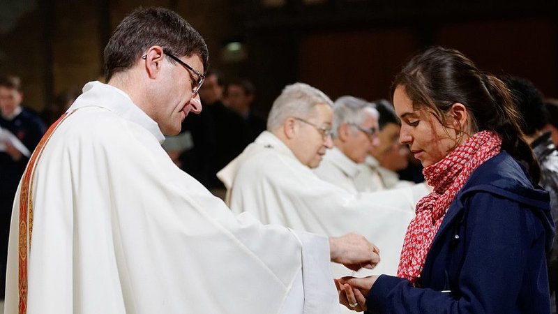 Communion is received at the Île-de-France students’ Mass in the Cathedral of Notre Dame de Paris, celebrated by Msgr. André Vingt-Trois. (Photo by Marie-Lan Nguyen / Wikimedia Commons)