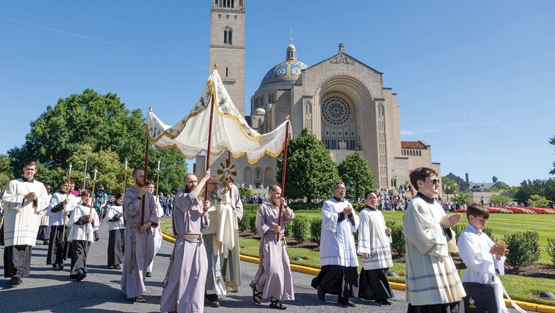 The faithful depart the Basilica of the National Shrine of the Immaculate Conception June 8, 2024, as they follow the Blessed Sacrament in procession through the streets of the Brookland neighborhood of Washington. The procession was held as the National Eucharistic Pilgrimage's Seton Route made a stop in the Archdiocese of Washington as it makes its way to Indianapolis for the National Eucharistic Congress to be held in July. A third National Eucharistic Pilgrimage has been scheduled for May-July 2026, organizers have announced. (OSV News photo/Mihoko Owada, Catholic Standard)