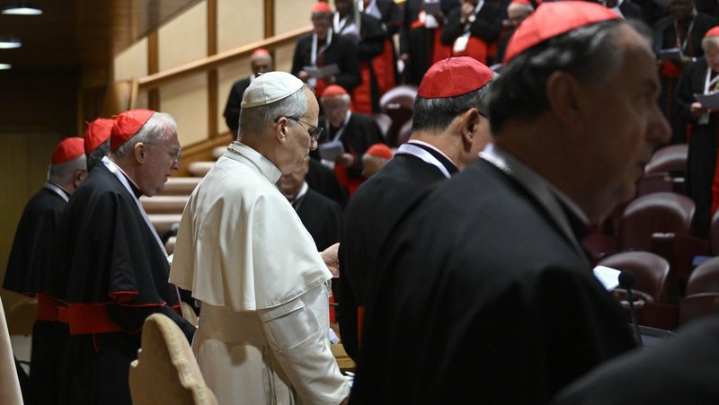 Pope Leo XIV prays Jan. 8, 2026, during a consistory he held with cardinals from around the world at the Vatican. (OSV News photo/Simone Risoluti, Vatican Media)