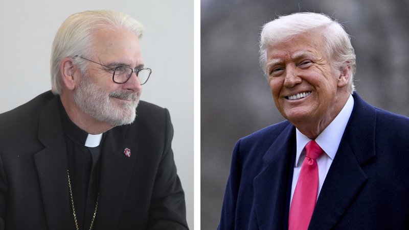 Archbishop Paul S. Coakley of Oklahoma City, president of the U.S. Conference of Catholic Bishops, and U.S. President Donald Trump, are pictured in a combination photo. Archbishop Coakley is scheduled to meet at with Trump at the White in Washington Jan. 12, 2026. (OSV News photo/Bob Roller/Craig Hudson, Reuters)