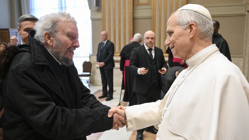 Pope Leo XIV greets Kiko Argüello, co-founder of the Neocatechumenal Way, as he meets with leaders of the movement at the Vatican Jan. 19, 2026. (OSV News photo/Mario Tomassetti, Vatican Media)