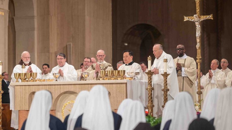 Bishop James D. Conley of Lincoln, Neb., center, concelebrates Mass during the National Prayer Vigil for Life at the Basilica of the National Shrine of the Immaculate Conception in Washington Jan. 22, 2026, the evening before the annual the March for Life. Also pictured are Cardinal Seán P. O'Malley, retired archbishop of Boston, Cardinal Christophe Pierre, papal nuncio to the United States, and Washington Cardinal Robert W. McElroy, right. (OSV News photo/Mihoko Owada)