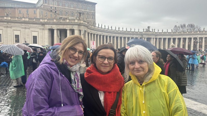 Polish pilgrims from Torun: from left, Iwona, Wioletta and Kasia, are seen on a Jan. 6, 2026 photograph on St. Peter's Square, at the conclusion of the Jubilee Year of Hope. What really visibly stayed with the faithful after the Jan. 6 Epiphany Mass was Pope Leo's urge to keep the church alive. "If we do not reduce our churches to monuments, if our communities are homes, if we stand united and resist the flattery and seduction of those in power, then we will be the generation of a new dawn," the pope said. (OSV News photo/Paulina Guzik)