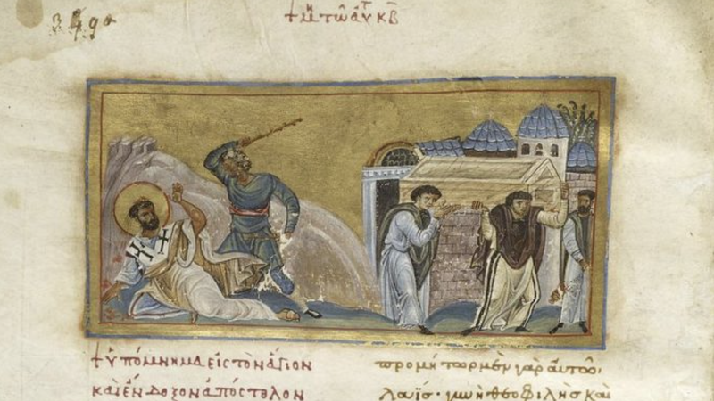 Byzantine manuscript depicting the martyrdom of Saint Timothy. (Wikimedia Commons)